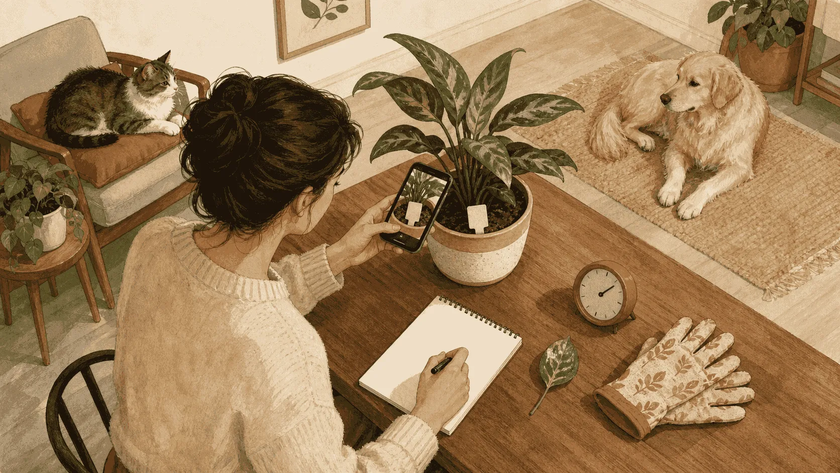 A caregiver photographs a plant label and notes the time and missing plant part while a cat and dog remain safely across the room.