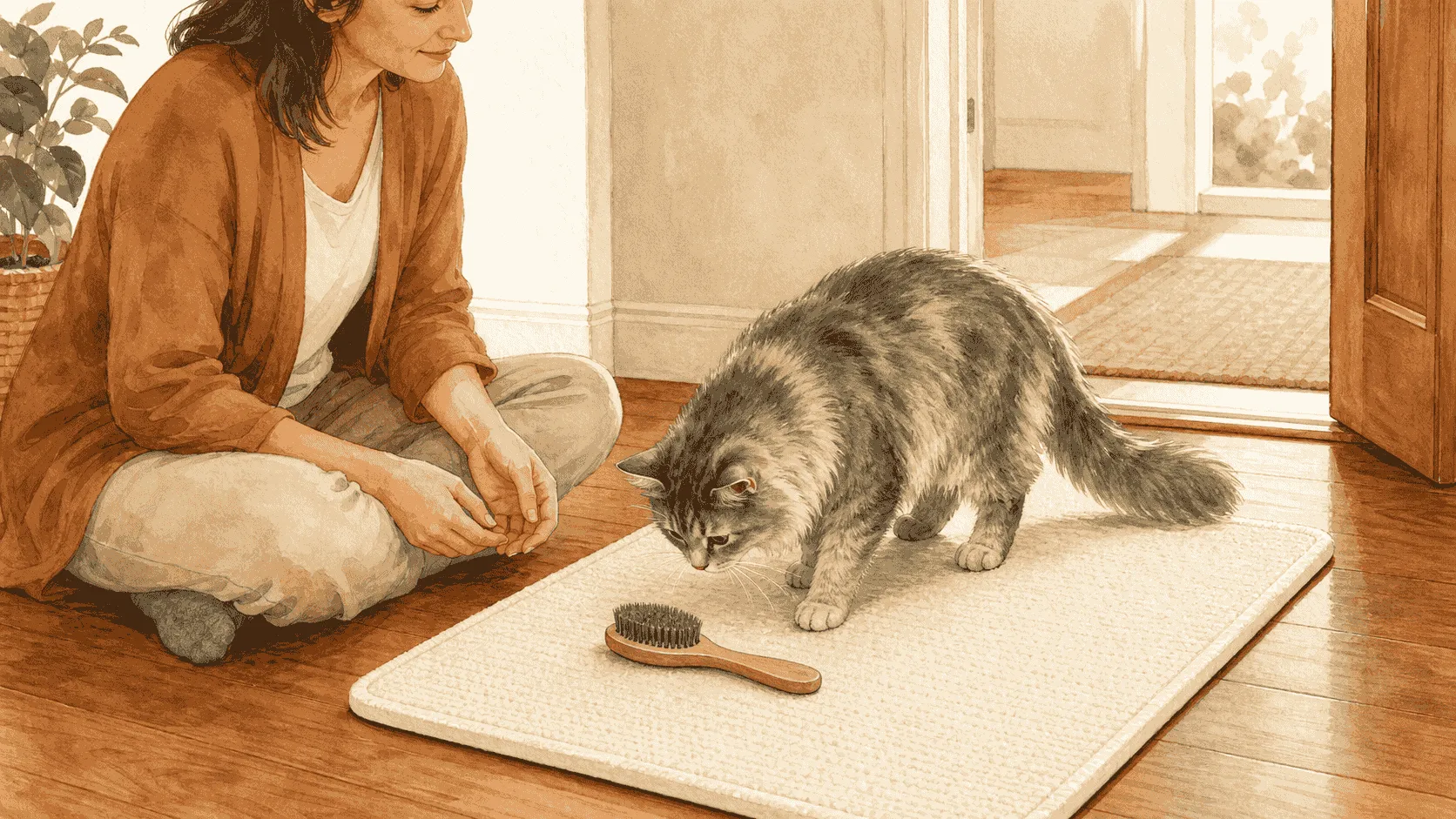 A long-haired cat steps onto a cream mat to investigate a brush while a caregiver waits with hands lowered and the doorway clear.