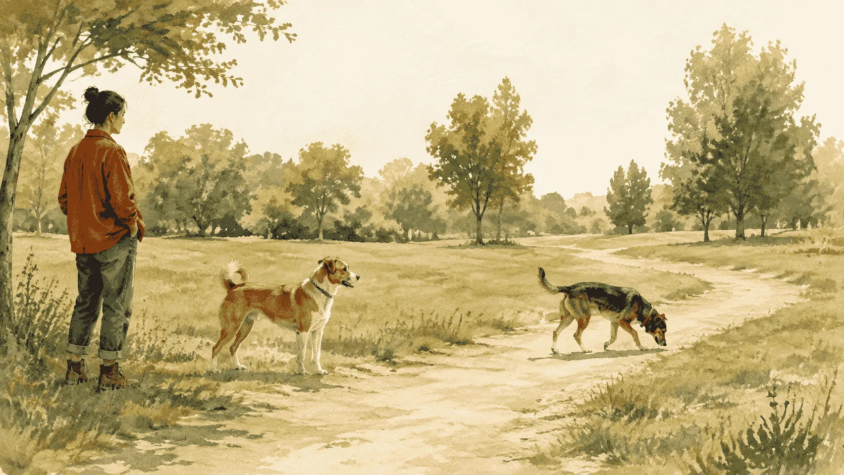 Two dogs pause several feet apart on a grassy path, with one sniffing toward an open route while the other stands loosely and watches.