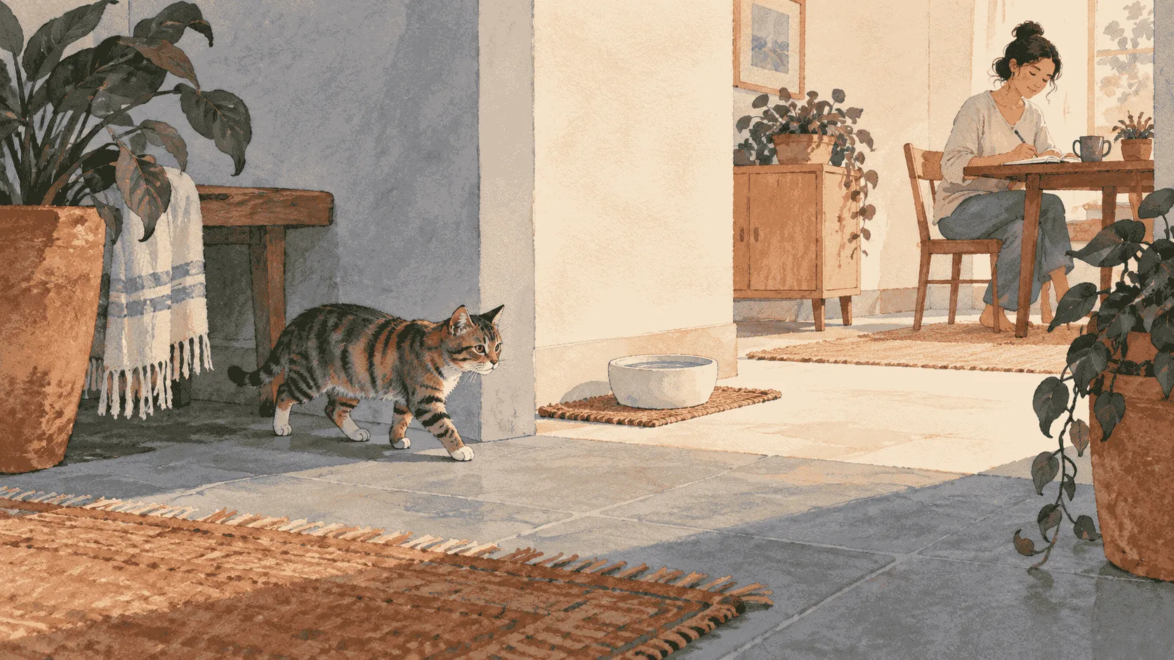 A tabby cat pauses near a quiet water station while a caregiver writes a short observation note from a respectful distance.