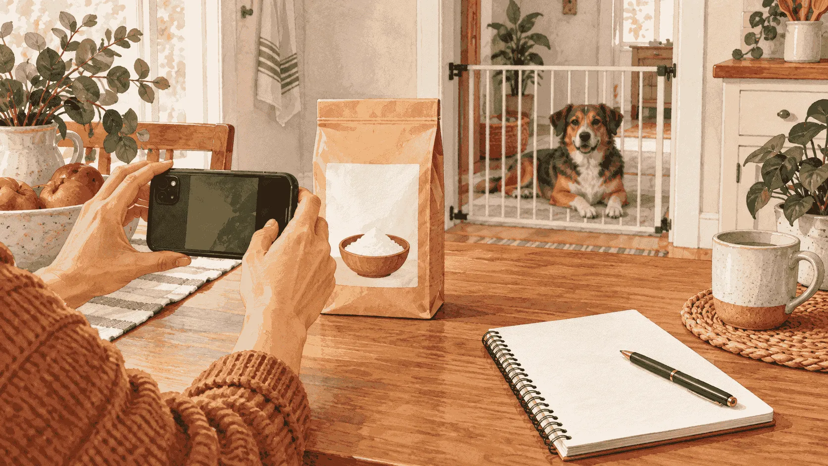 A caregiver photographs a plain baking-soda label and writes down the possible access time while a calm dog waits safely behind a low gate.