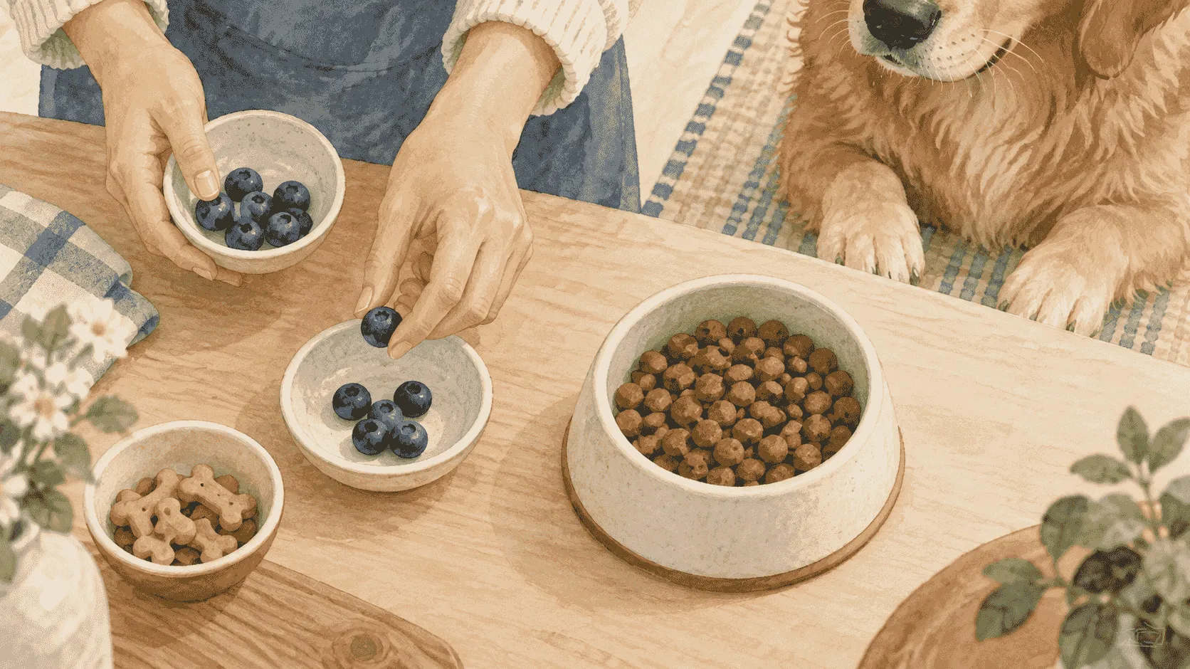 A caregiver sorts plain blueberries into small bowls beside a dog's regular food and treats.