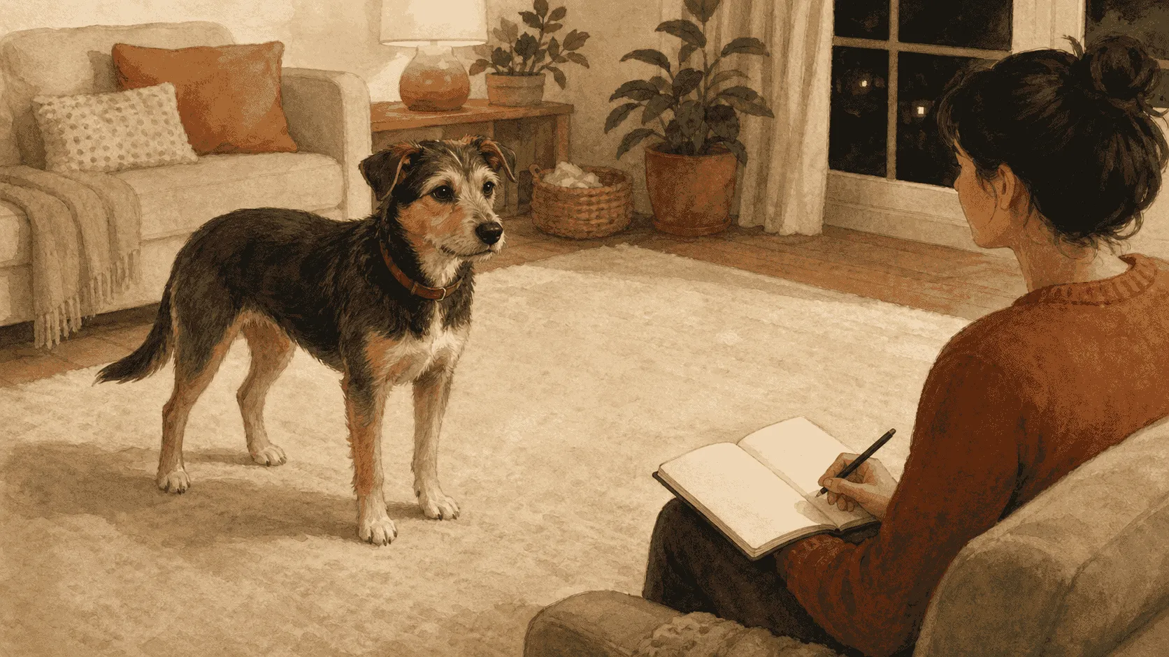A caregiver writing in a notebook while a young dog stands calmly on a rug after running.