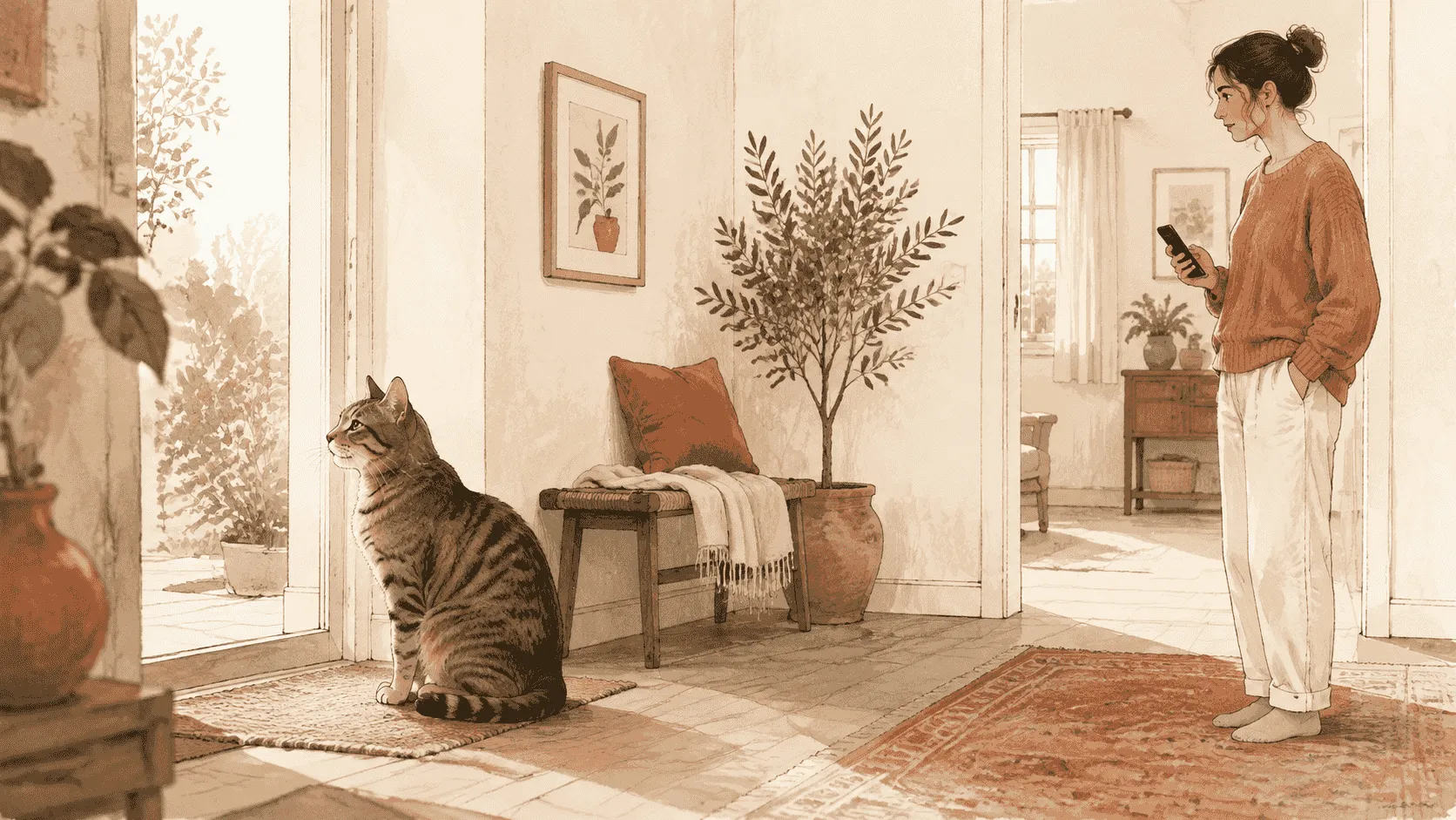 A tabby cat looks toward a quiet doorway while a caregiver pauses with a phone in hand.
