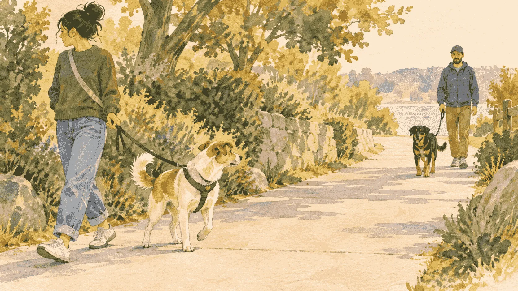 A caregiver turns with a dog toward an open side path while another dog remains far across the field.