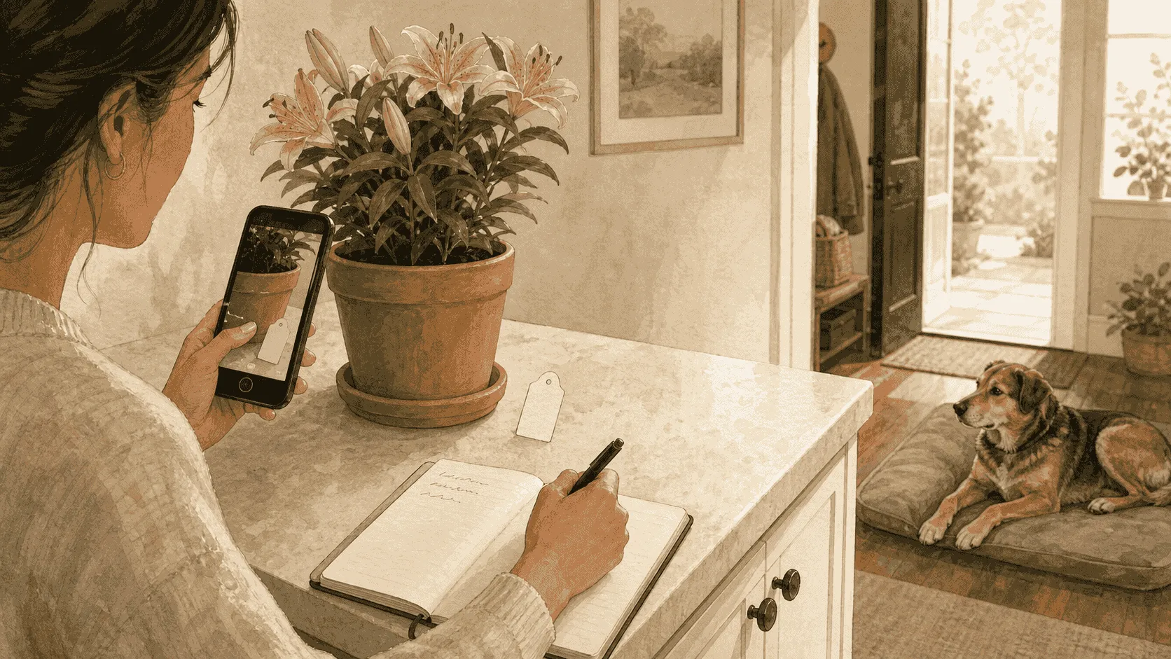 A caregiver photographs a flower label and notes the time beside a dog resting calmly across the room.