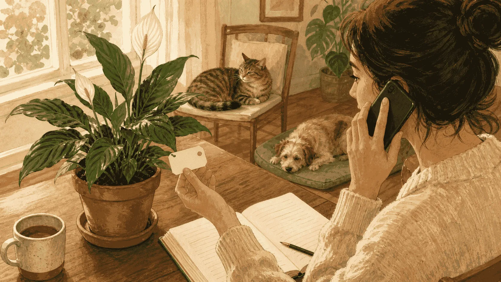 A caregiver holds a blank plant tag while speaking on a phone beside a potted peace lily; a cat and small dog rest nearby.