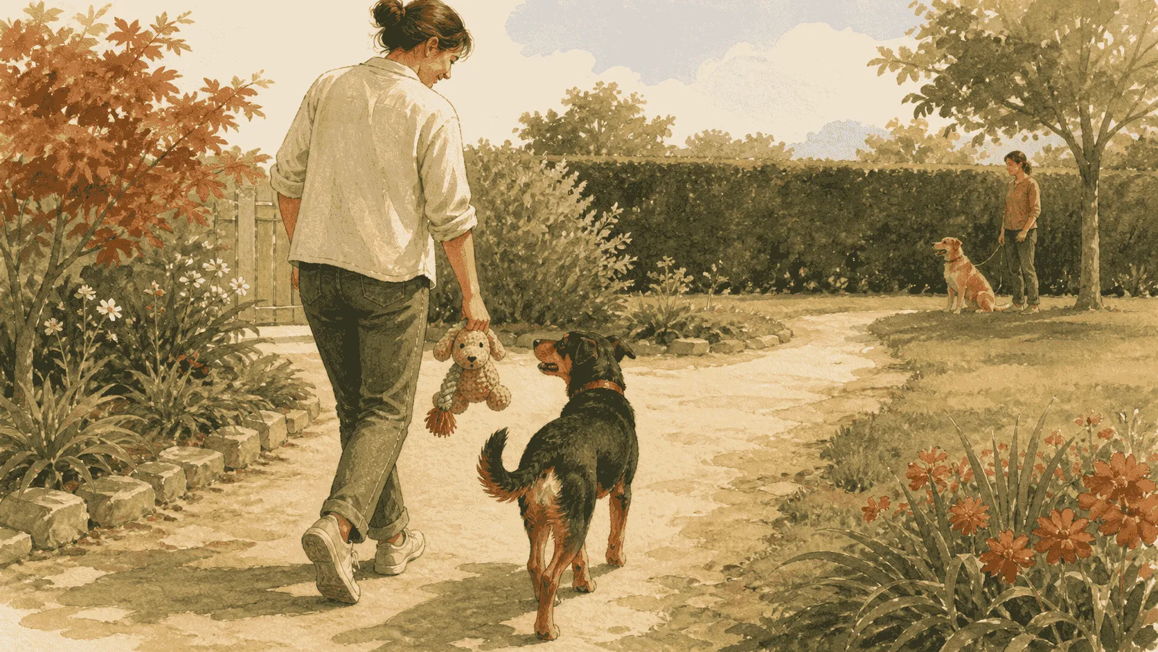 A caregiver guides a young female dog toward an open path with a toy while another dog remains calmly beside its own handler.
