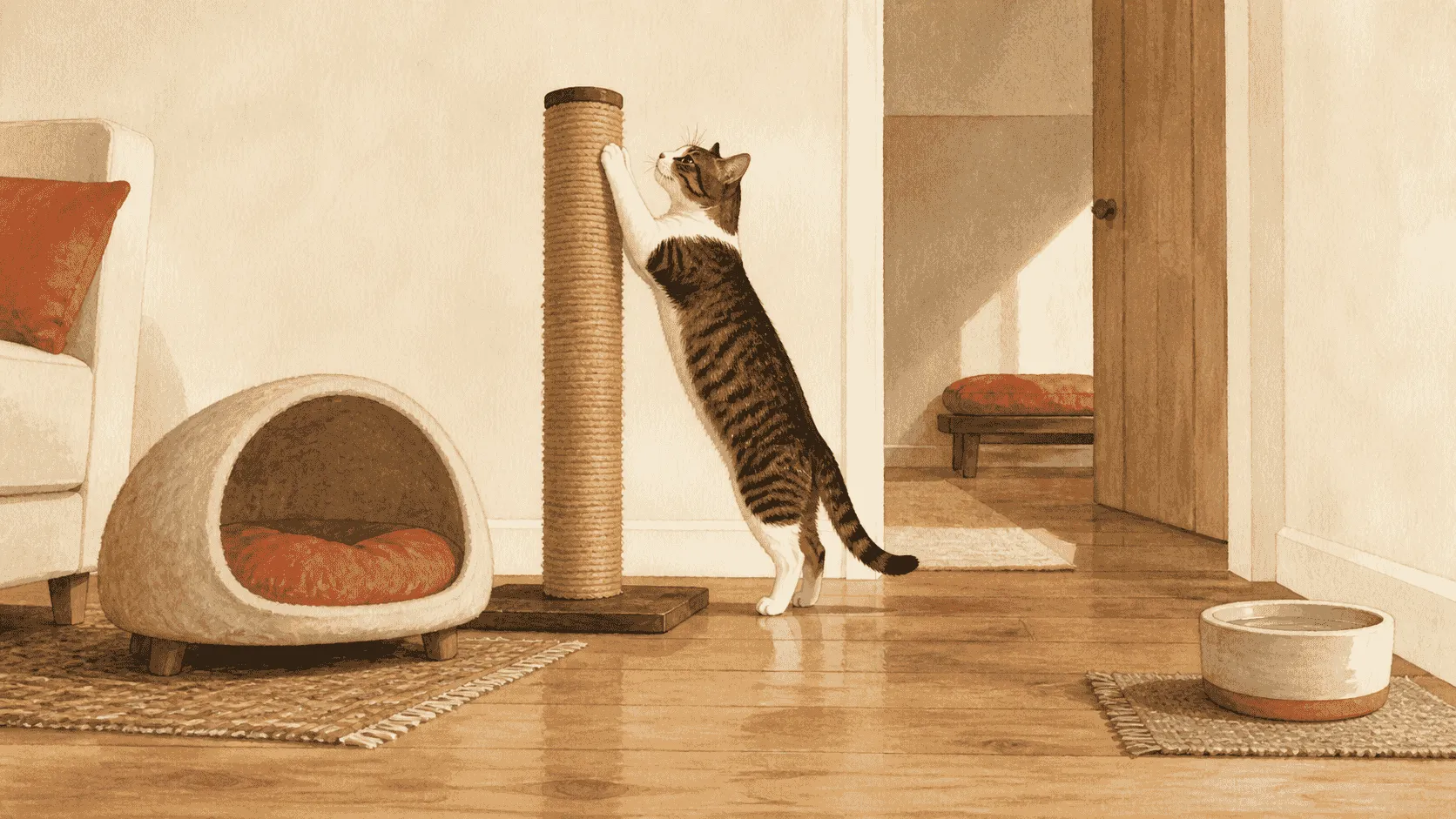 A small adult cat stretches on a stable scratching post while a low sheltered bed and an open route through a calm room remain available.