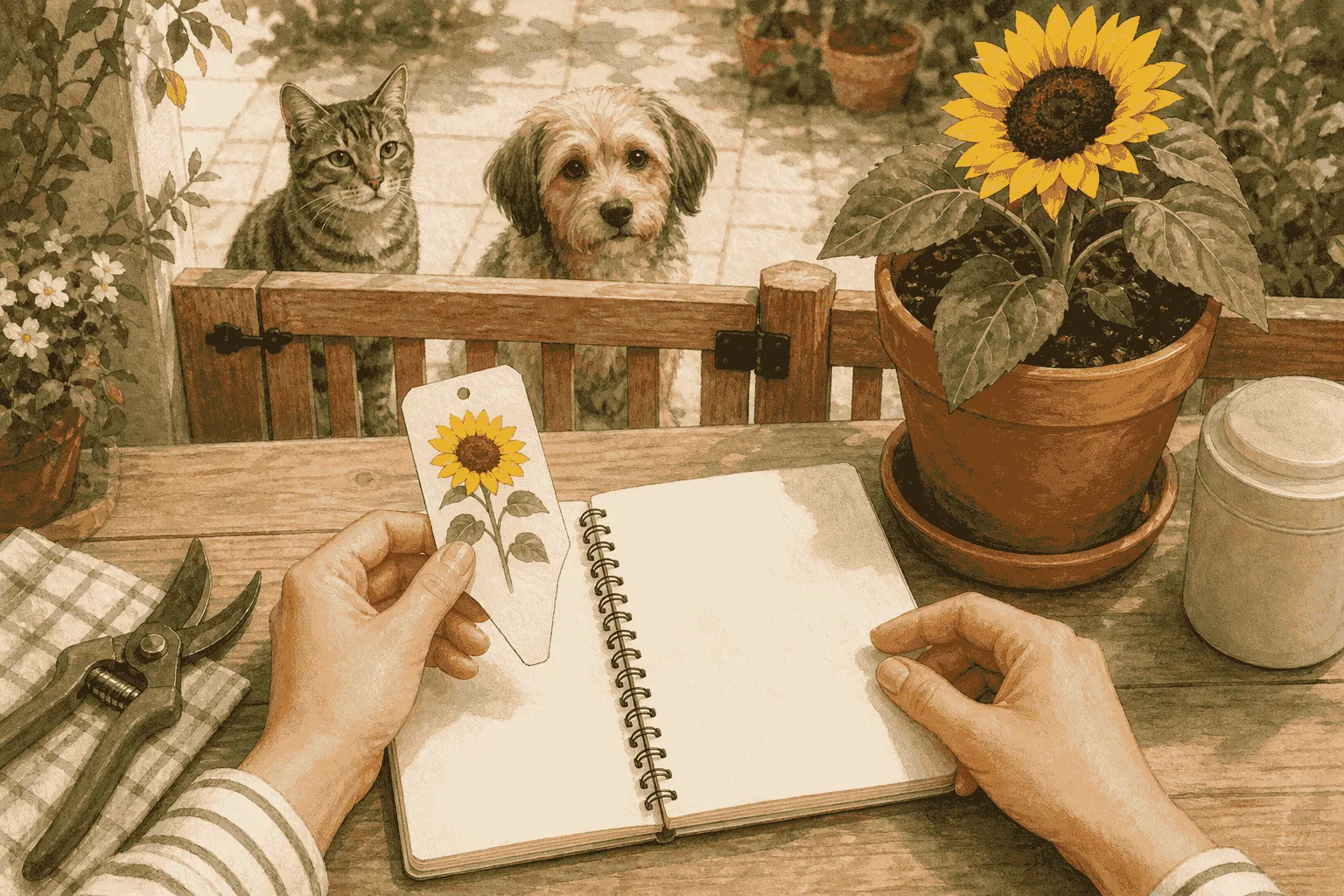 Hands hold a sunflower nursery tag above a blank notebook on a garden bench while a tabby cat and small dog wait behind a low gate.