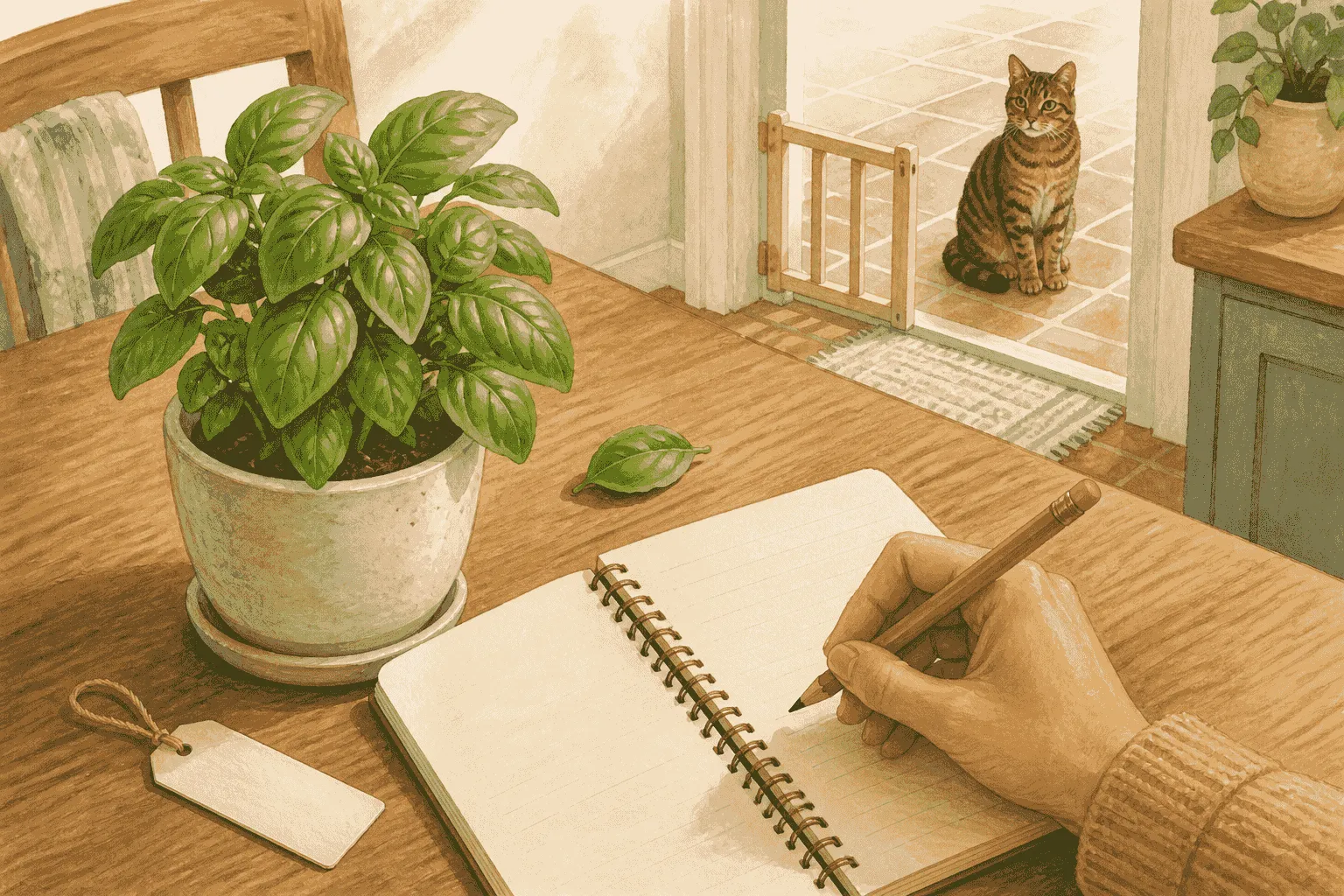 A caregiver checks a basil plant label while a tabby cat waits behind a low indoor gate.
