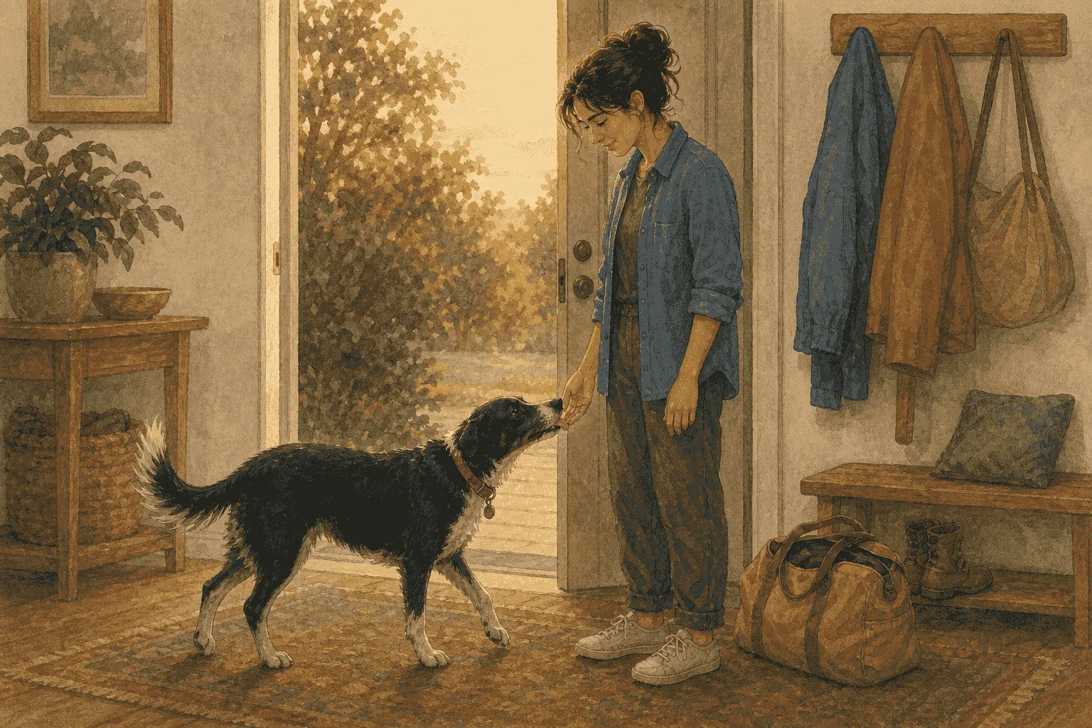 Black-and-white dog gently licks an owner’s lowered fingers during a relaxed reunion at an open doorway.