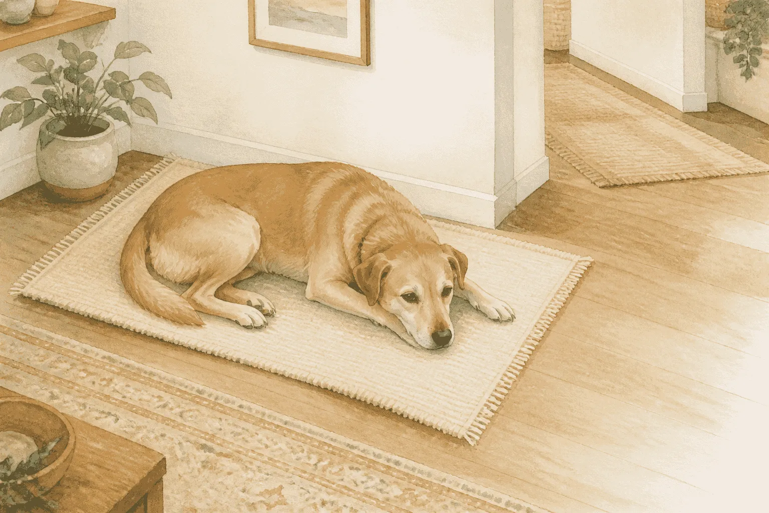A relaxed dog completes a small turn and settles on a plain bed while a caregiver observes the whole body.