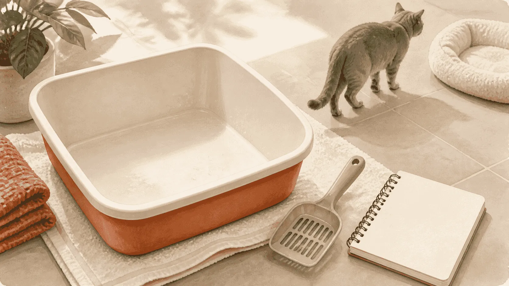 A caregiver uses a scoop beside a clean open litter box while a gray cat rests nearby on a rug.