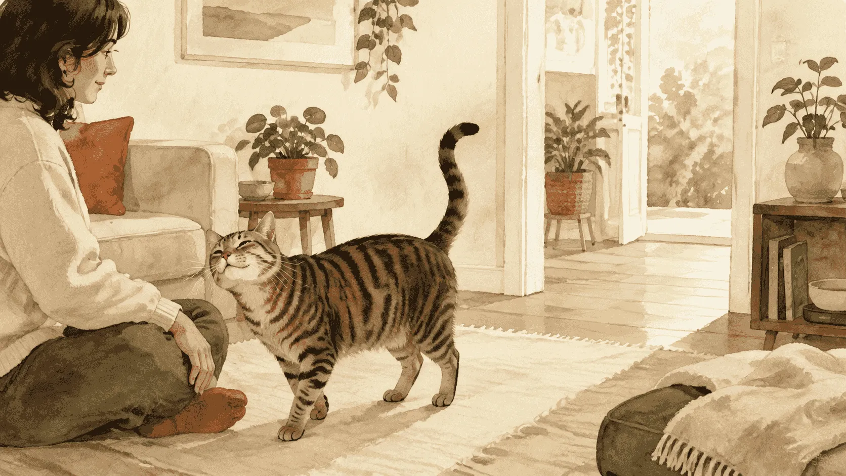 A caregiver pauses with one hand on their knee while a tabby cat chooses between returning for cheek contact and walking through an open doorway.