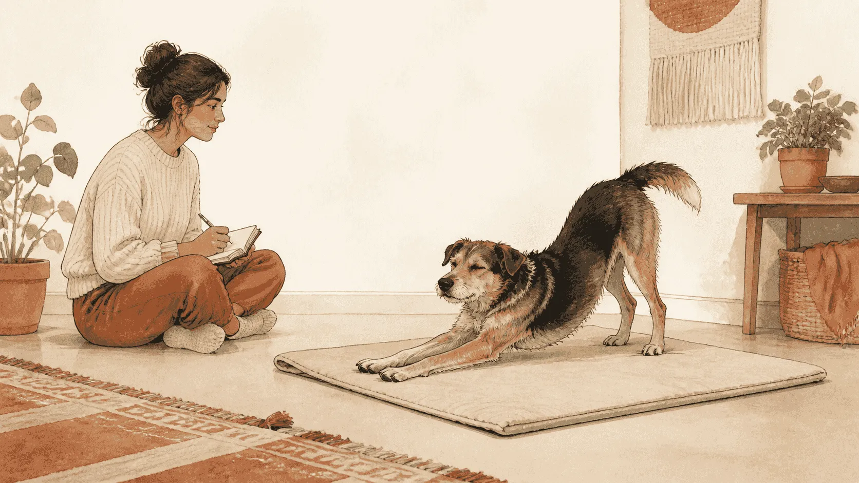 A caregiver records a dog’s natural sleep movement from a respectful distance as the dog wakes calmly on a cream mat.