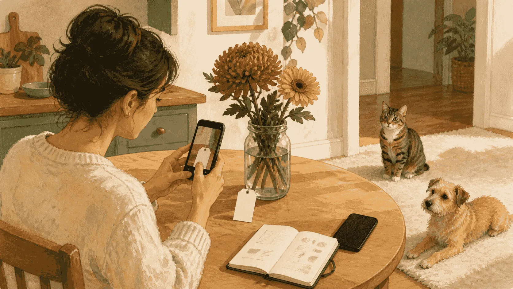 A caregiver photographs a flower tag beside a vase holding chrysanthemums and Gerber daisies while a cat and dog stay safely across the room.