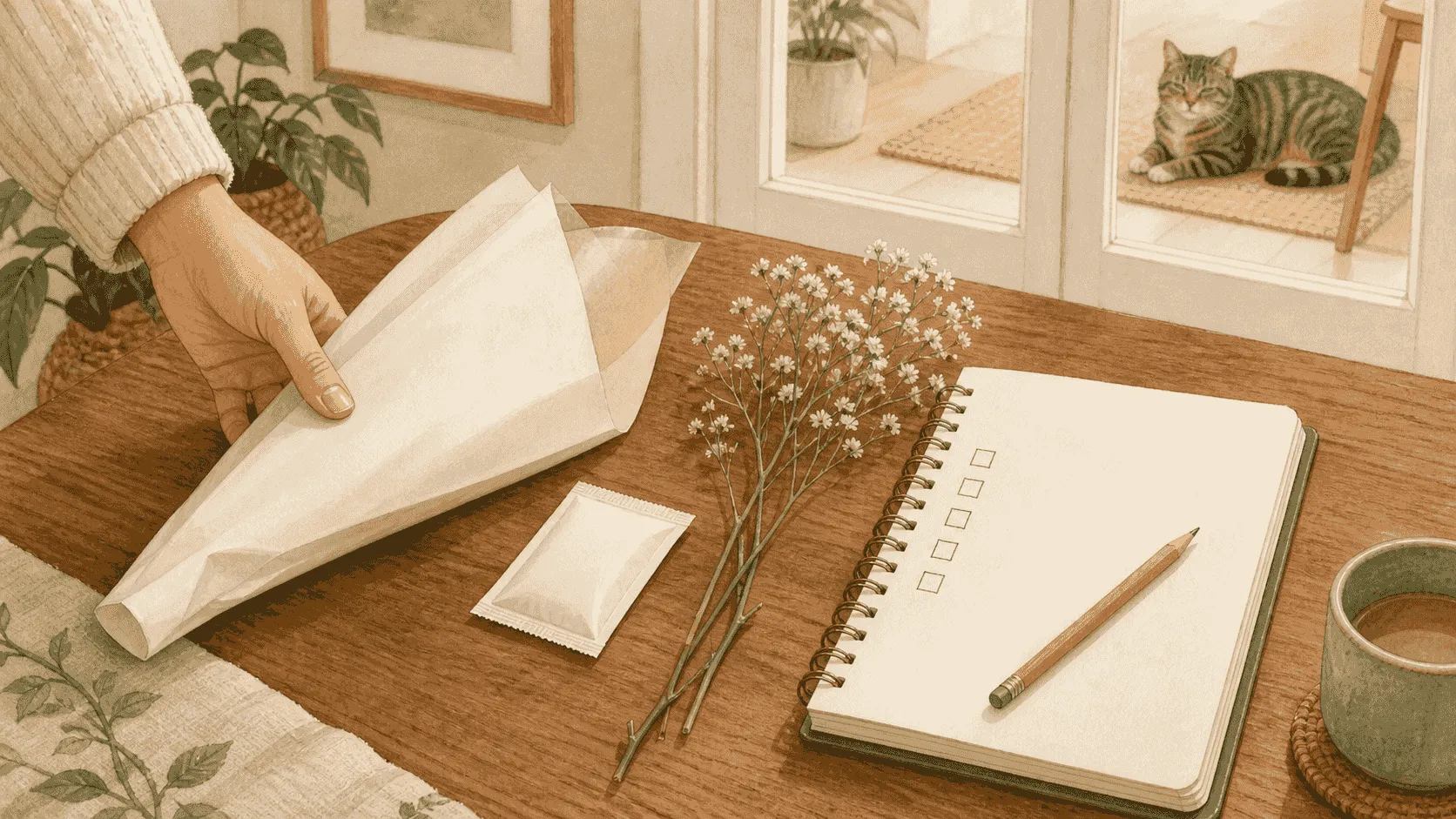 A caregiver holds a paper bouquet sleeve beside a flower-food packet and blank checklist notebook while a tabby cat rests behind a closed glass door.