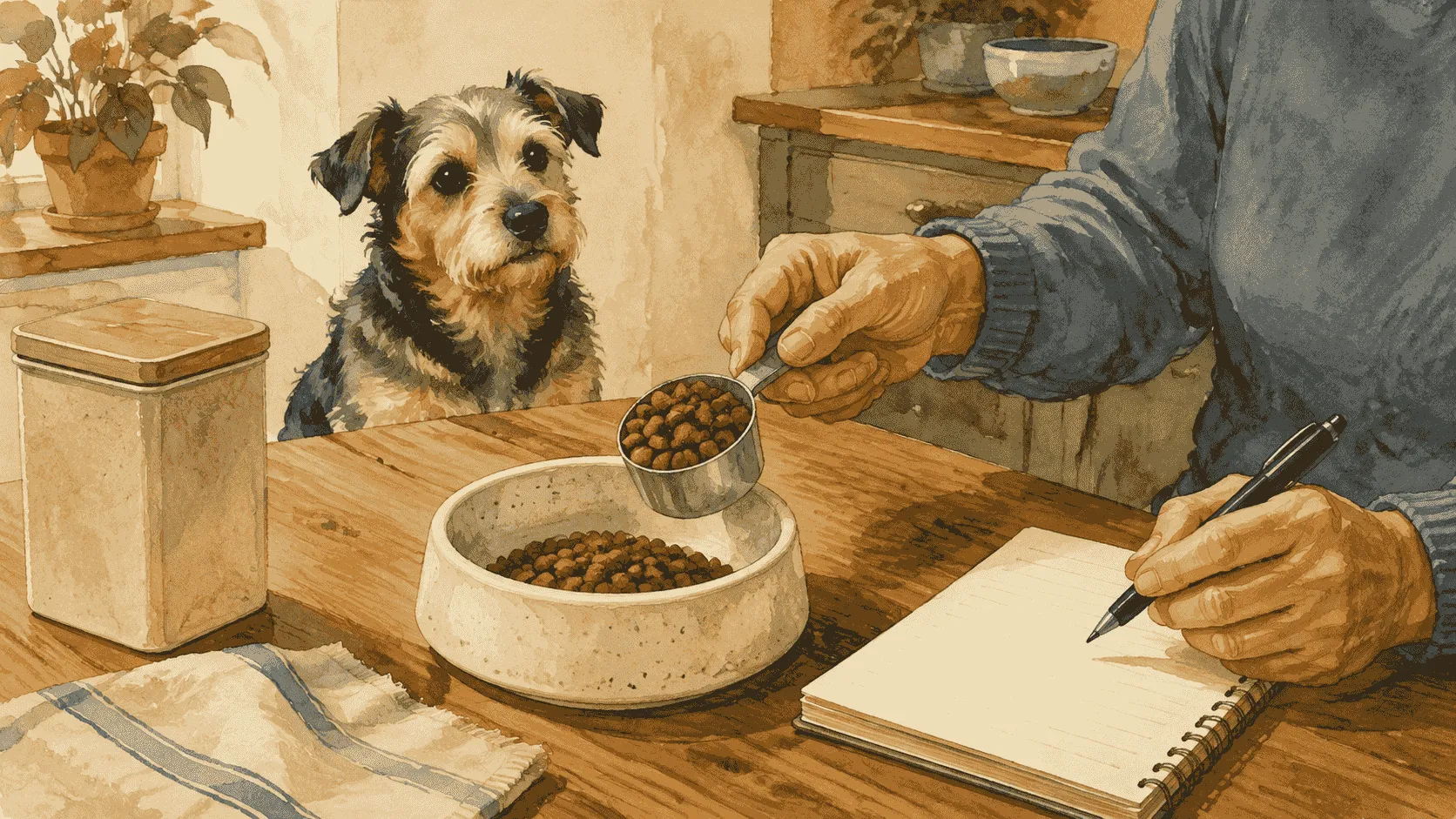 An older dog stands calmly beside an unbranded food label while a caregiver records appetite, activity, body condition, and questions for the veterinary team.