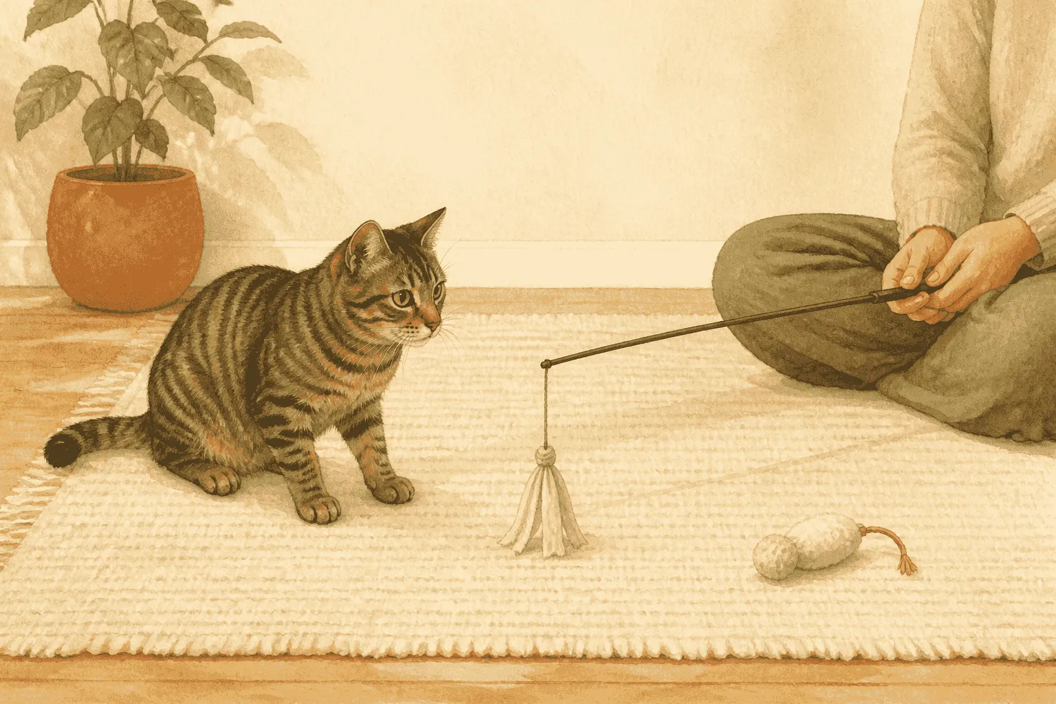 A tabby cat watches a cream wand toy from an open area while a caregiver keeps both hands behind the toy handle.