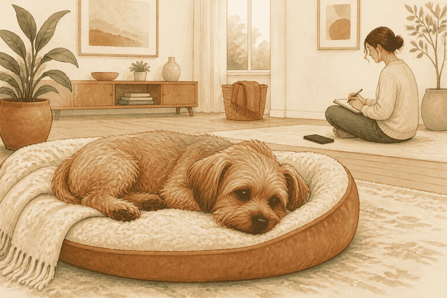 A small dog pauses after a brief reverse-sneezing episode while a caregiver notes the time from a respectful distance.