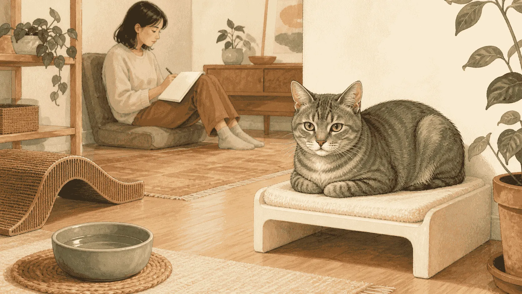 A gray tabby cat rests with tucked paws on a cream perch while separate water, scratching, and quiet resting areas remain available nearby.