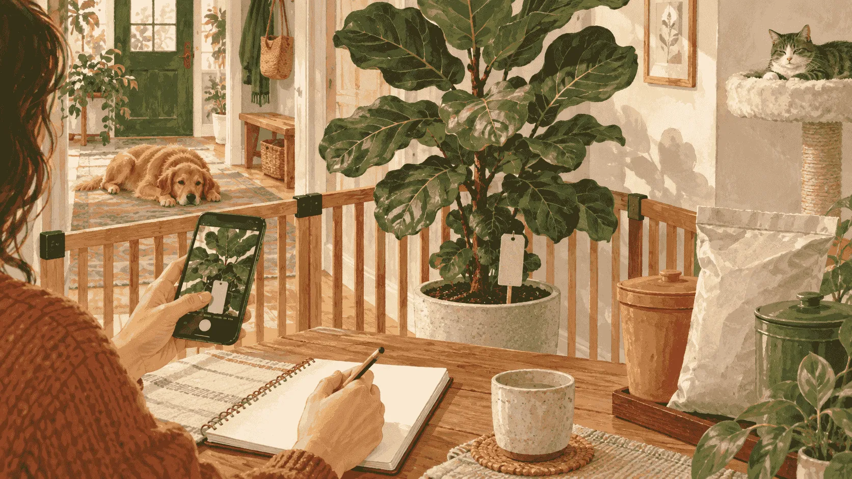 A caregiver writes the plant name and possible exposure time beside a fiddle-leaf fig label while a cat and dog remain safely behind a low gate.