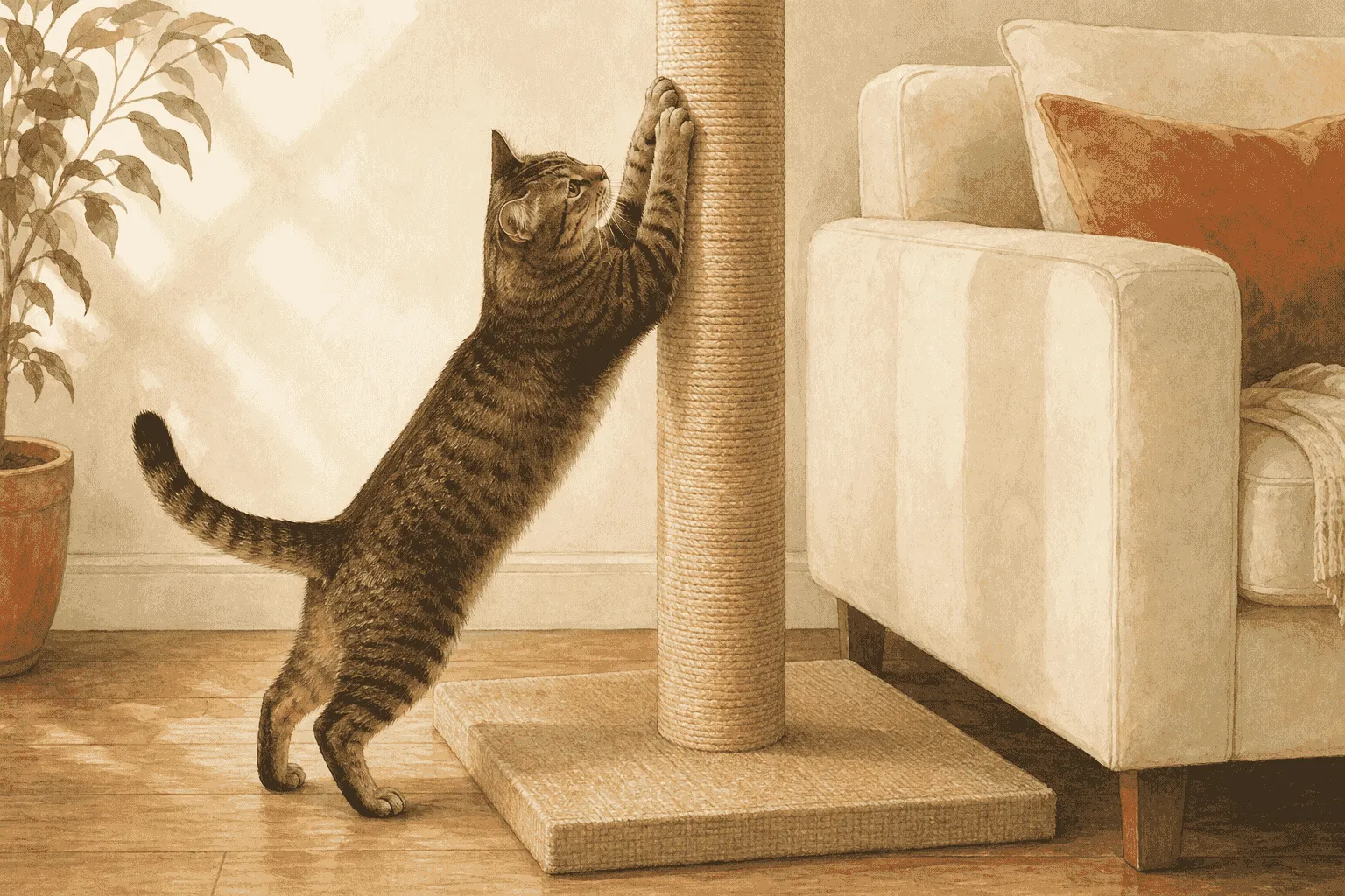 A tabby cat makes a full vertical stretch against a tall wrapped scratching post fixed to a broad base beside a cream sofa.