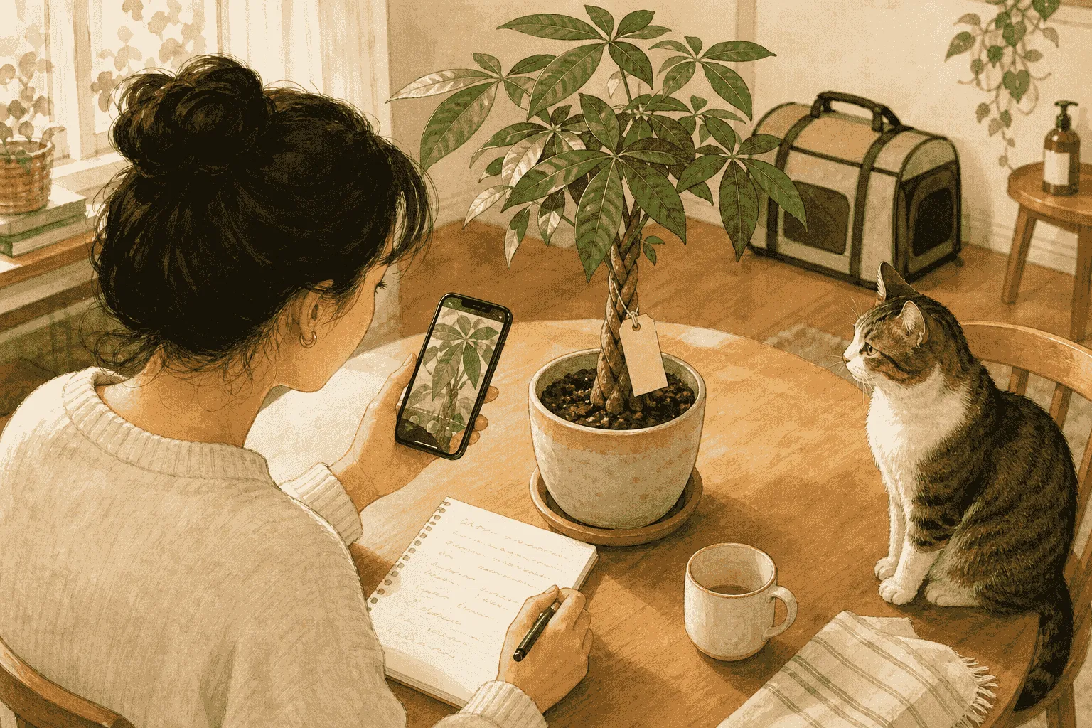A caregiver photographs a potted Pachira aquatica beside its label while a cat sits at the table.
