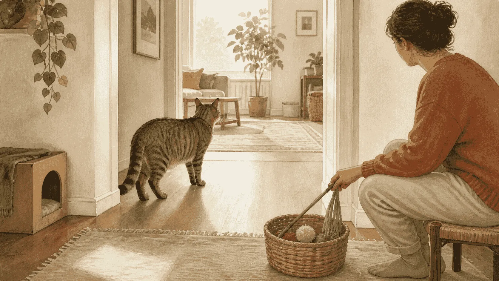 A tabby cat watches a caregiver sit quietly beside an open route to a cardboard hideaway, with a wand toy resting away from the caregiver's hands.