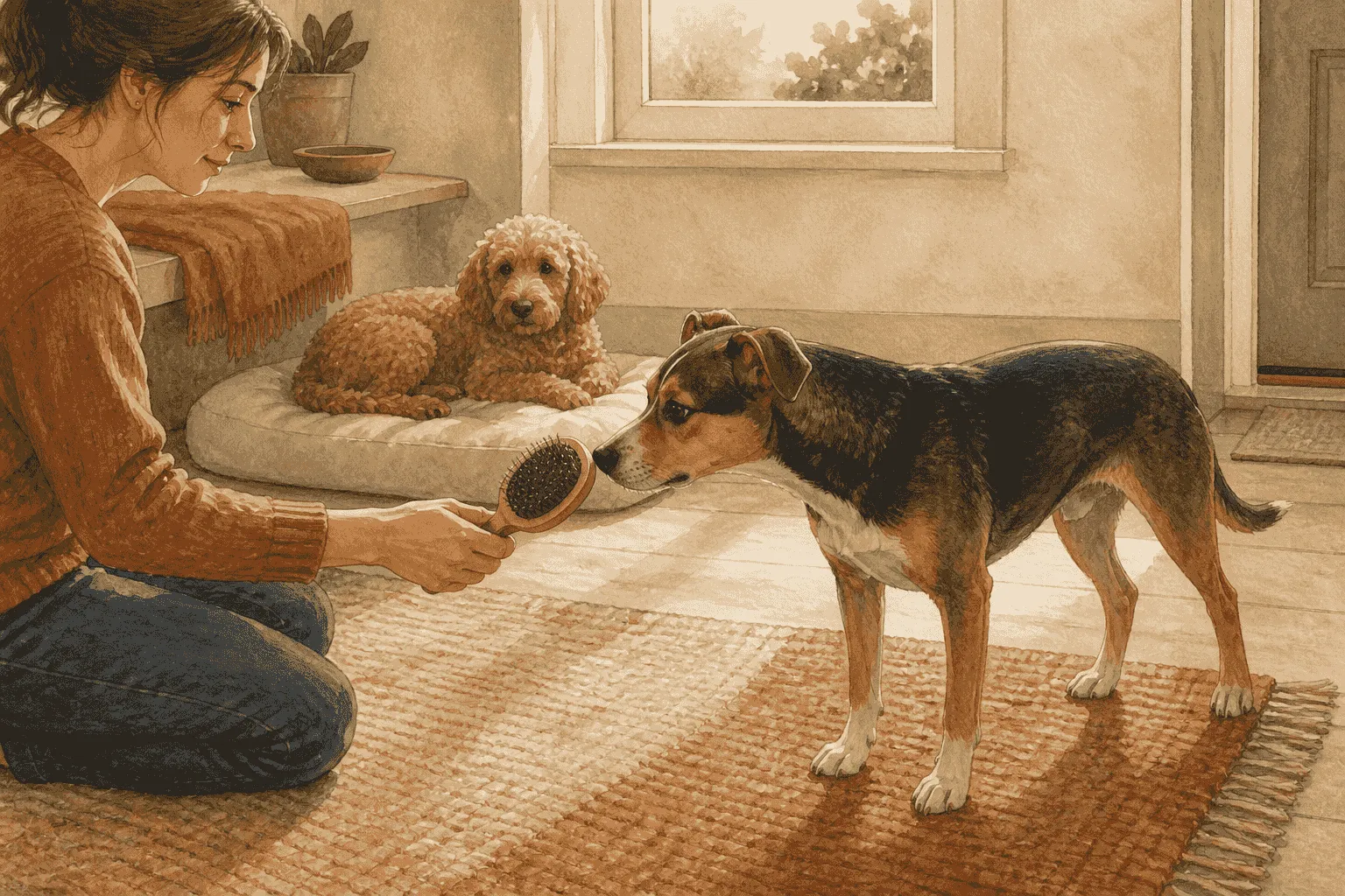 A caregiver gently offers a grooming brush for a short-haired dog to inspect while a curlier-coated dog rests nearby on a rug.