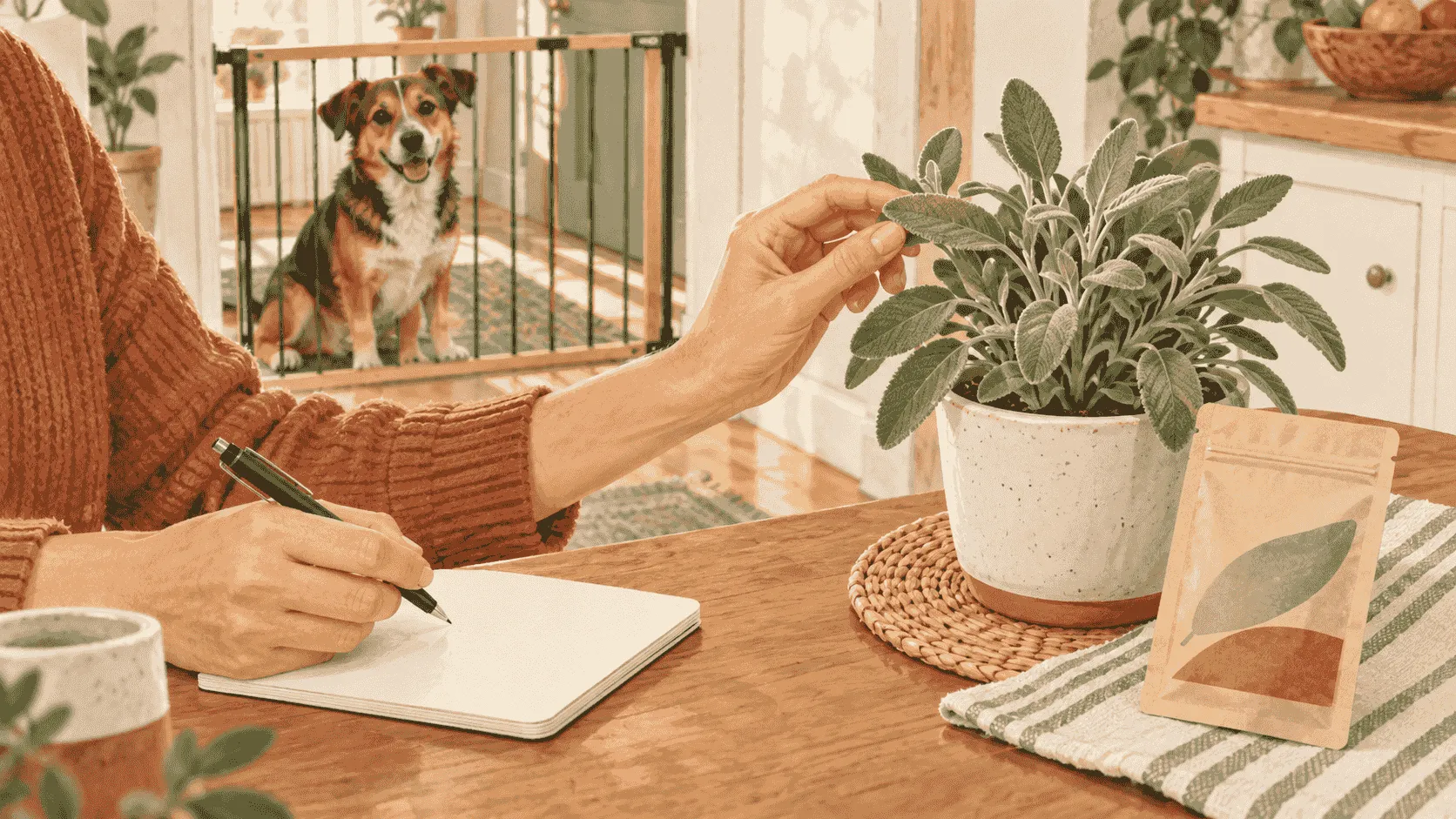 A caregiver checks a sage plant label while a mixed-breed dog waits behind a low indoor gate, with a closed seasoning packet out of reach.