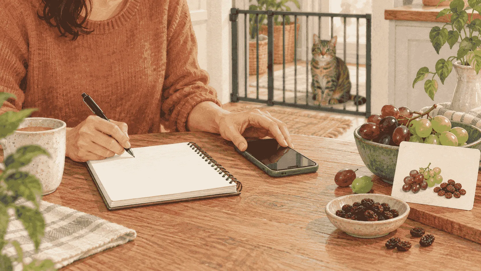 A caregiver photographs a raisin-containing ingredient label beside a short exposure note while a tabby cat rests behind an indoor gate.
