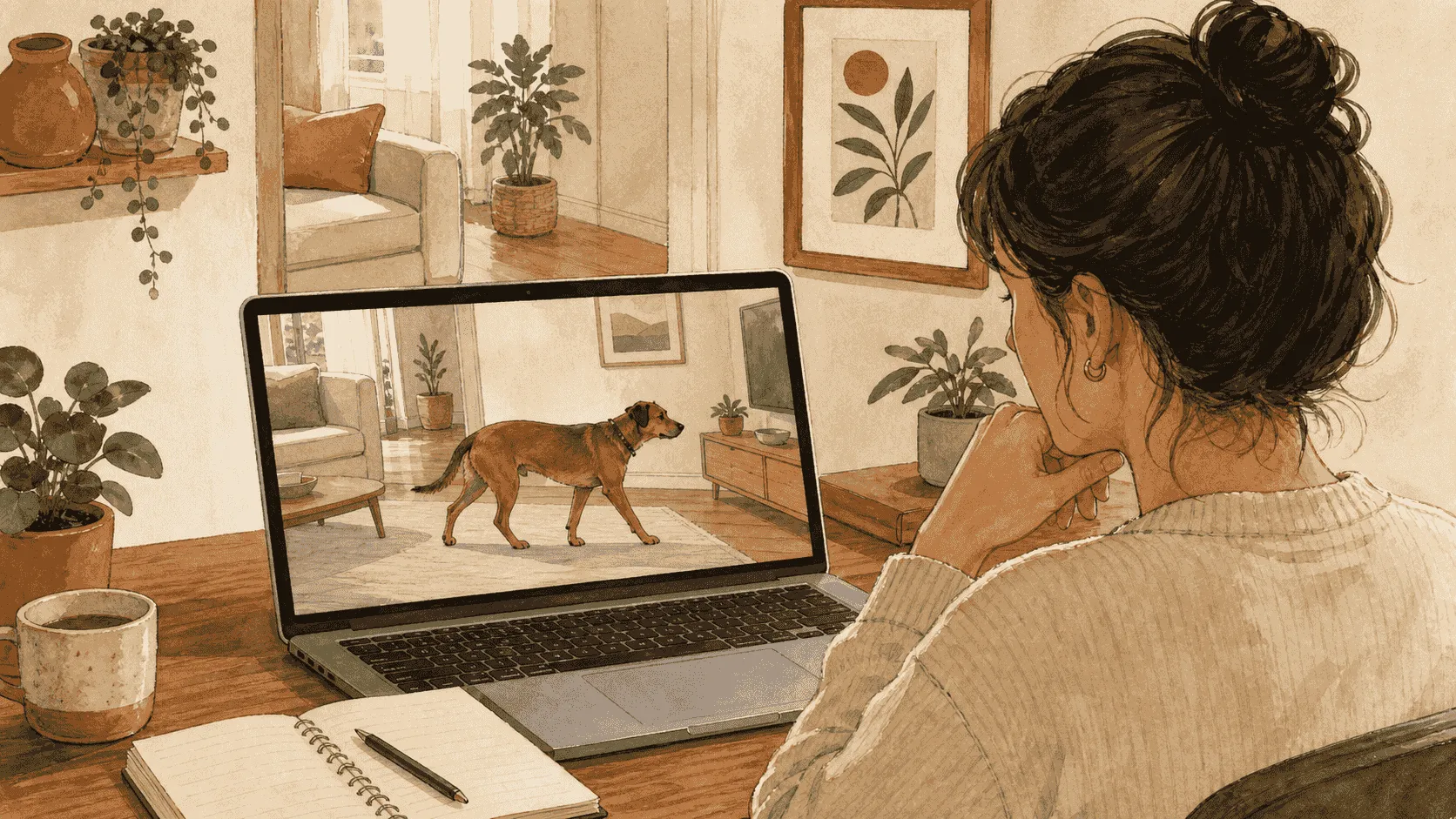 A caregiver reviews a home-camera clip of a dog walking through a quiet living room after the caregiver leaves.