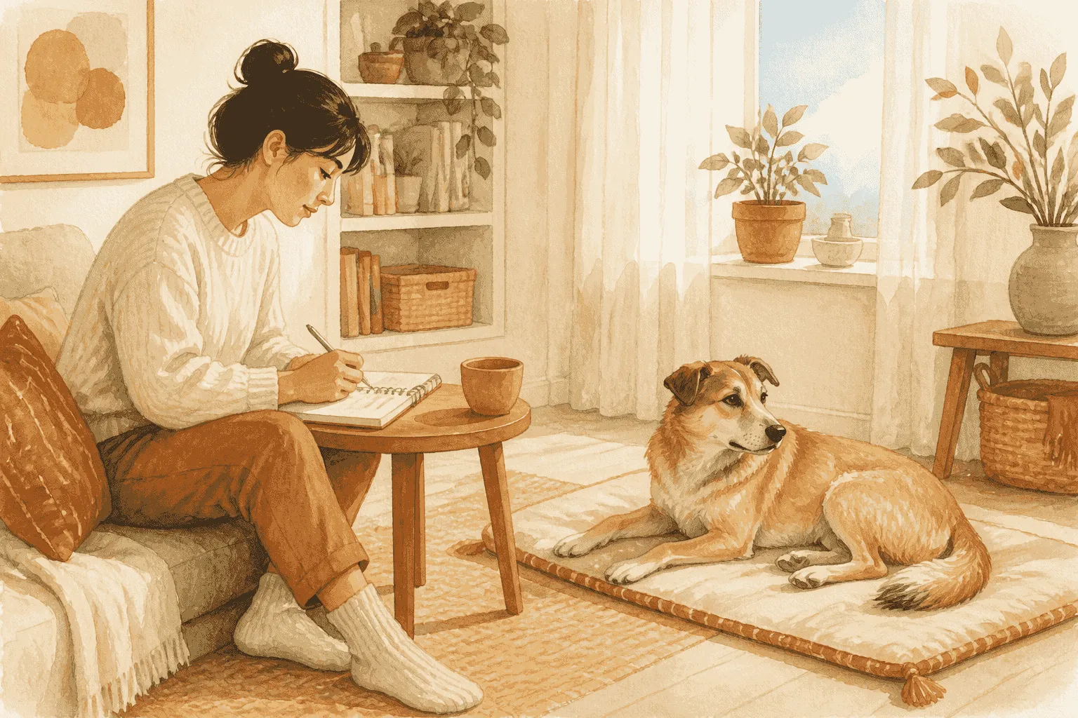 A caregiver sits a few feet from a young mixed-breed dog in a quiet living room and writes notes while the dog rests on a mat.