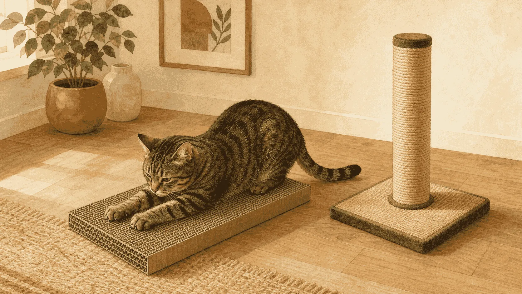 A tabby cat scratches a flat cardboard pad beside a stable vertical scratching post in a calm living room.