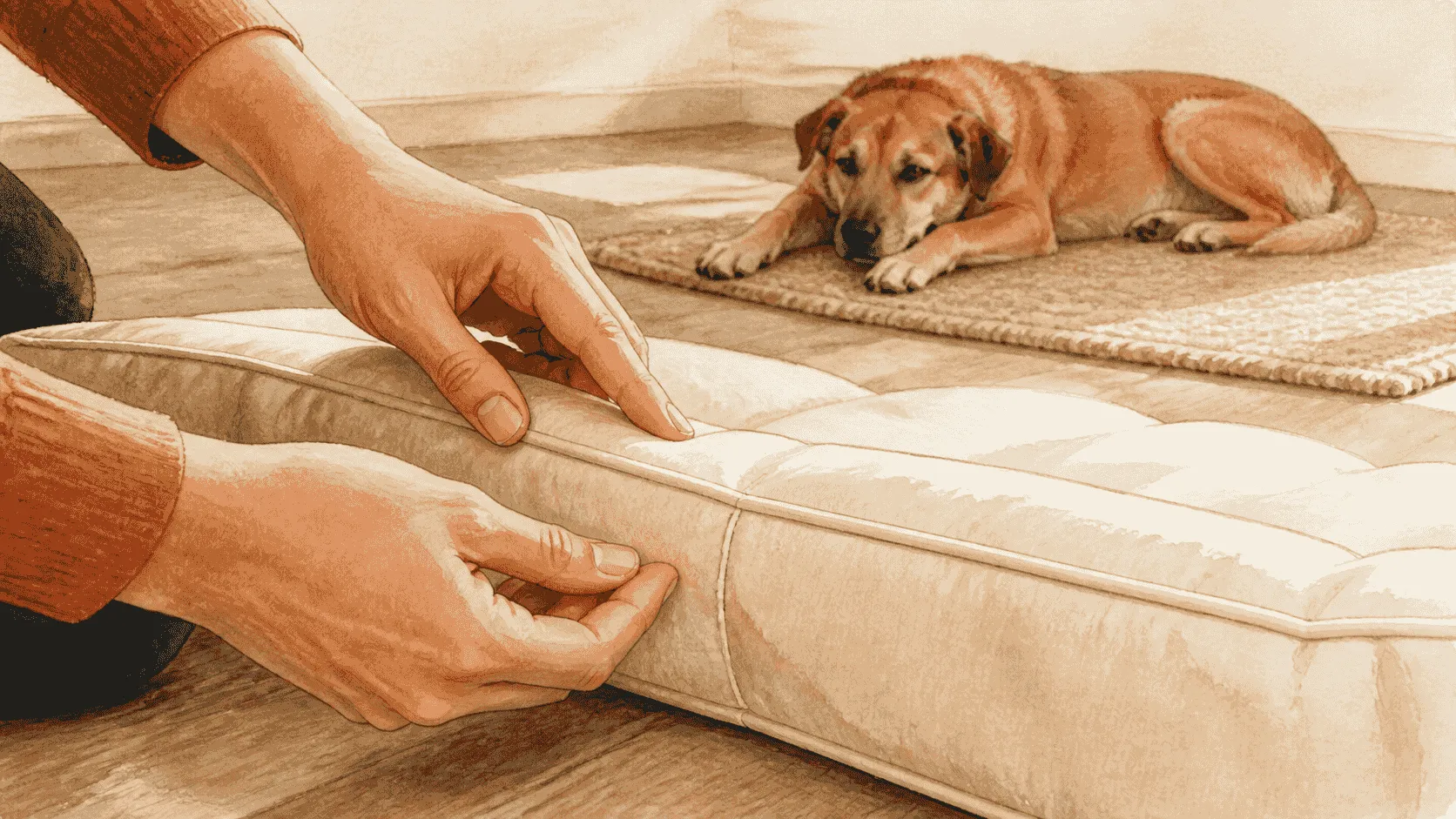 A caregiver checks an intact dog bed seam while a mixed-breed dog rests on a separate mat in a quiet room.