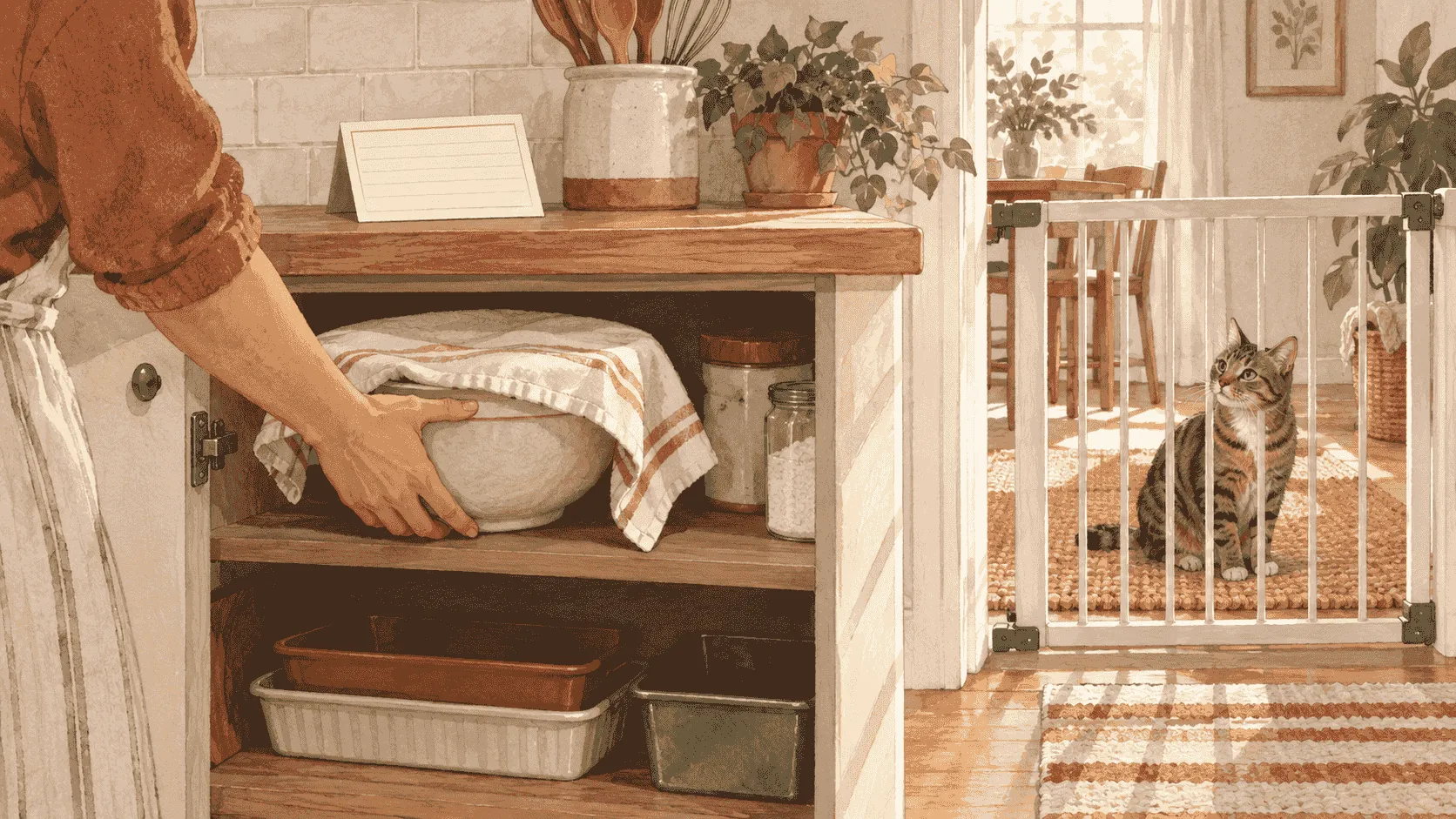A caregiver checks a recipe card beside covered baking dough while a tabby cat stays behind a quiet kitchen gate.
