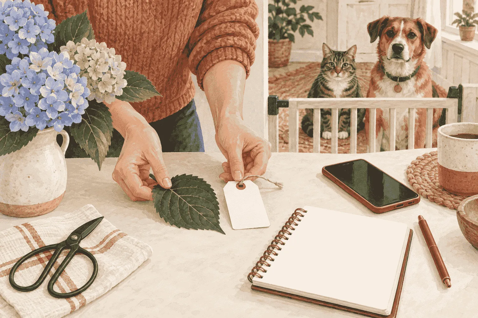 A caregiver writes the plant name and possible exposure time beside a hydrangea label while a cat and dog remain safely behind a low gate.