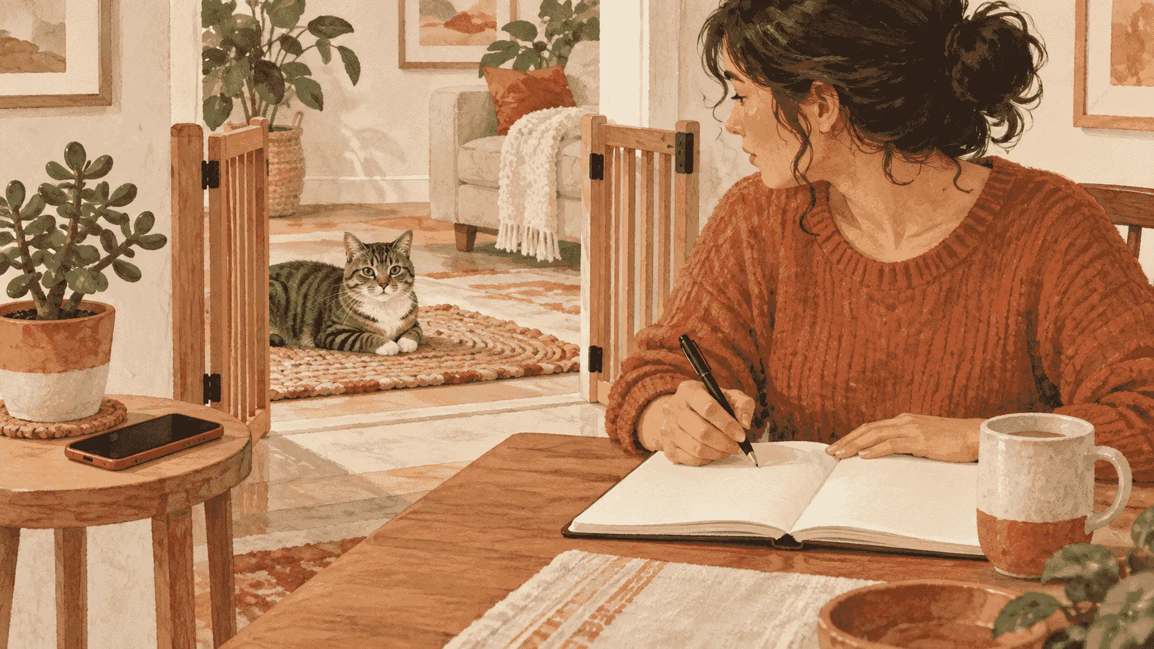 A caregiver photographs a jade plant label while a tabby cat rests safely behind a low gate with a notebook open nearby.
