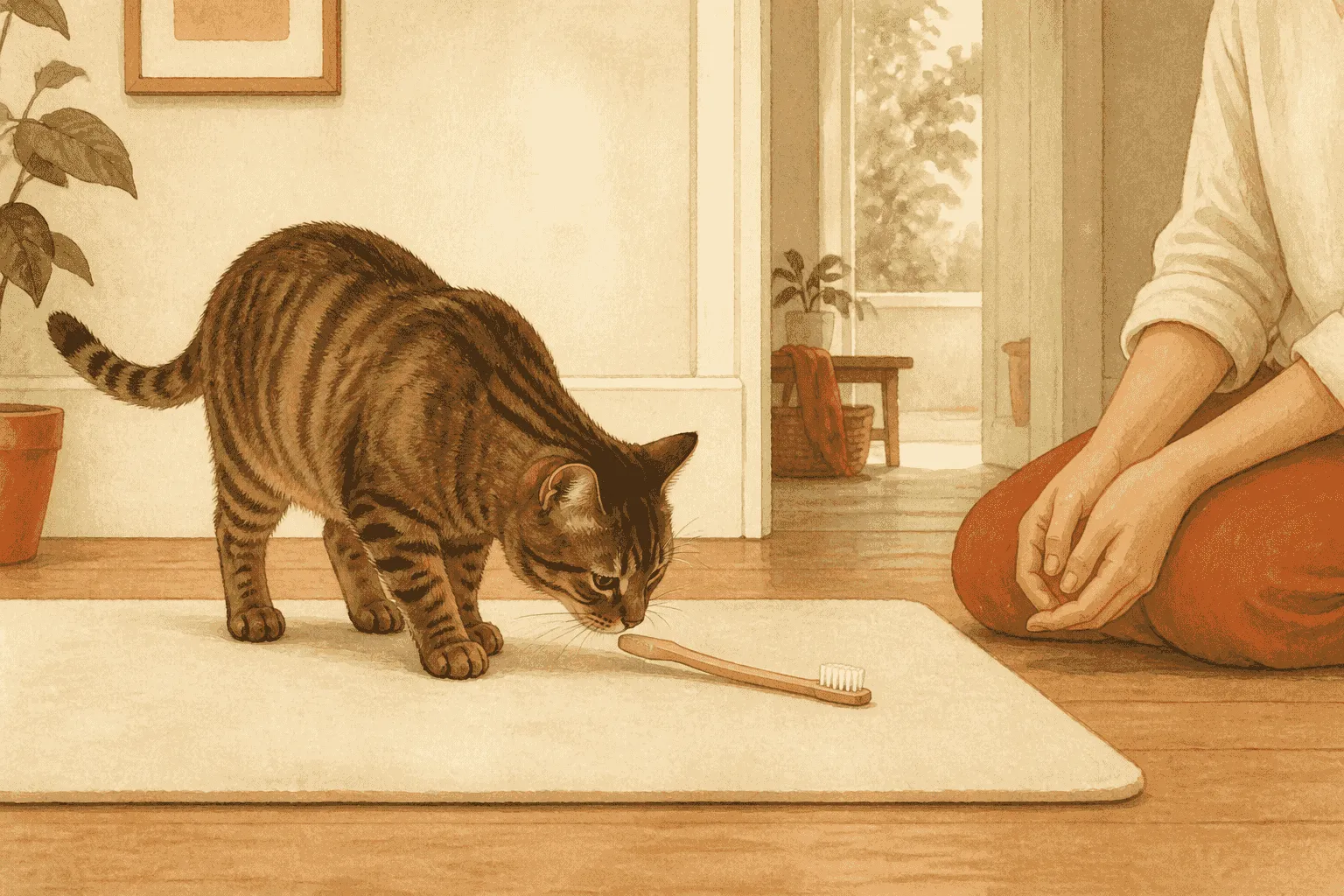 A tabby cat voluntarily noses a toothbrush handle on a cream mat while a caregiver waits with hands relaxed and a clear exit nearby.