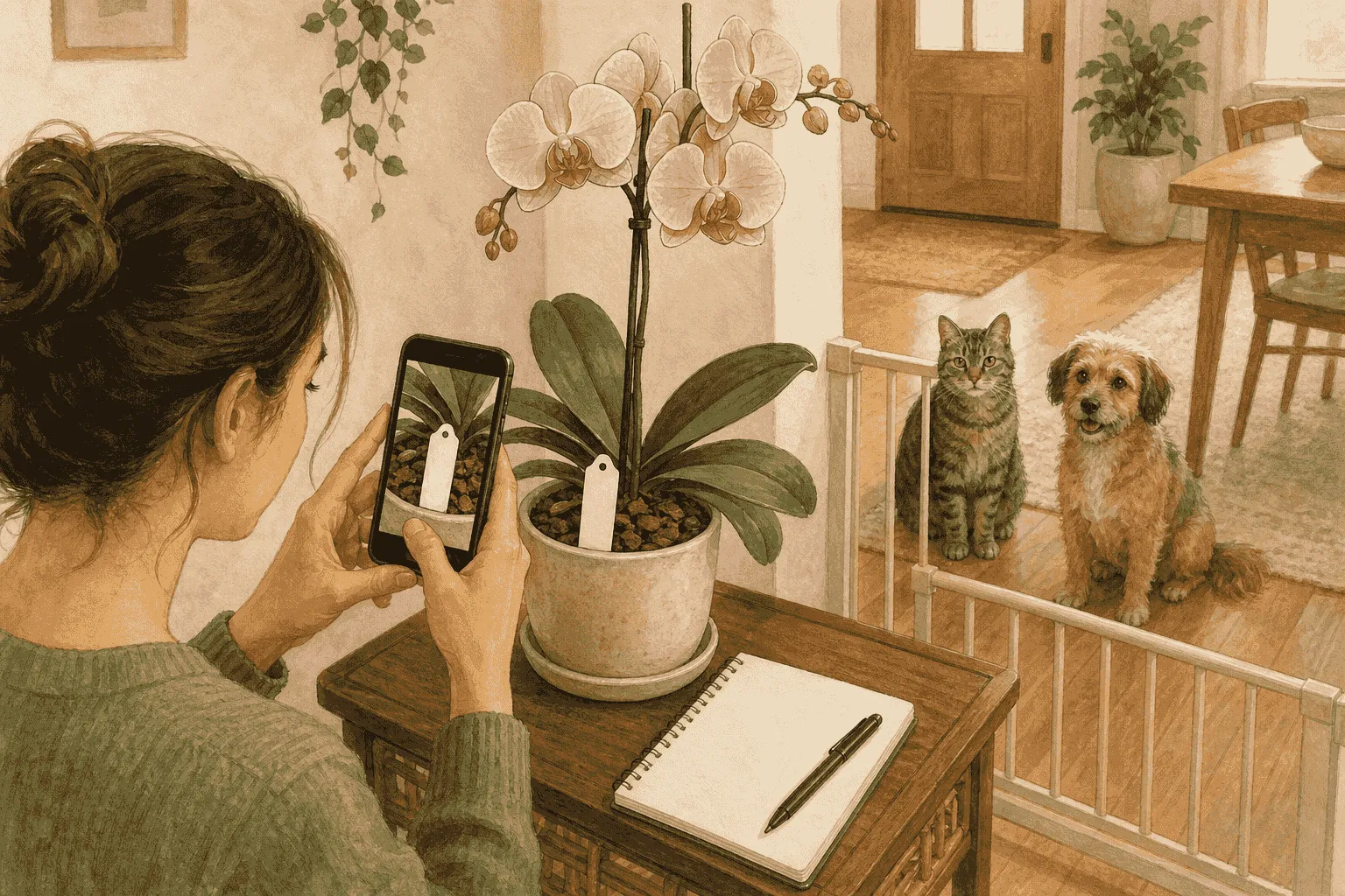 A caregiver photographs a Phalaenopsis label and records the time while a cat and dog remain behind a low indoor gate.