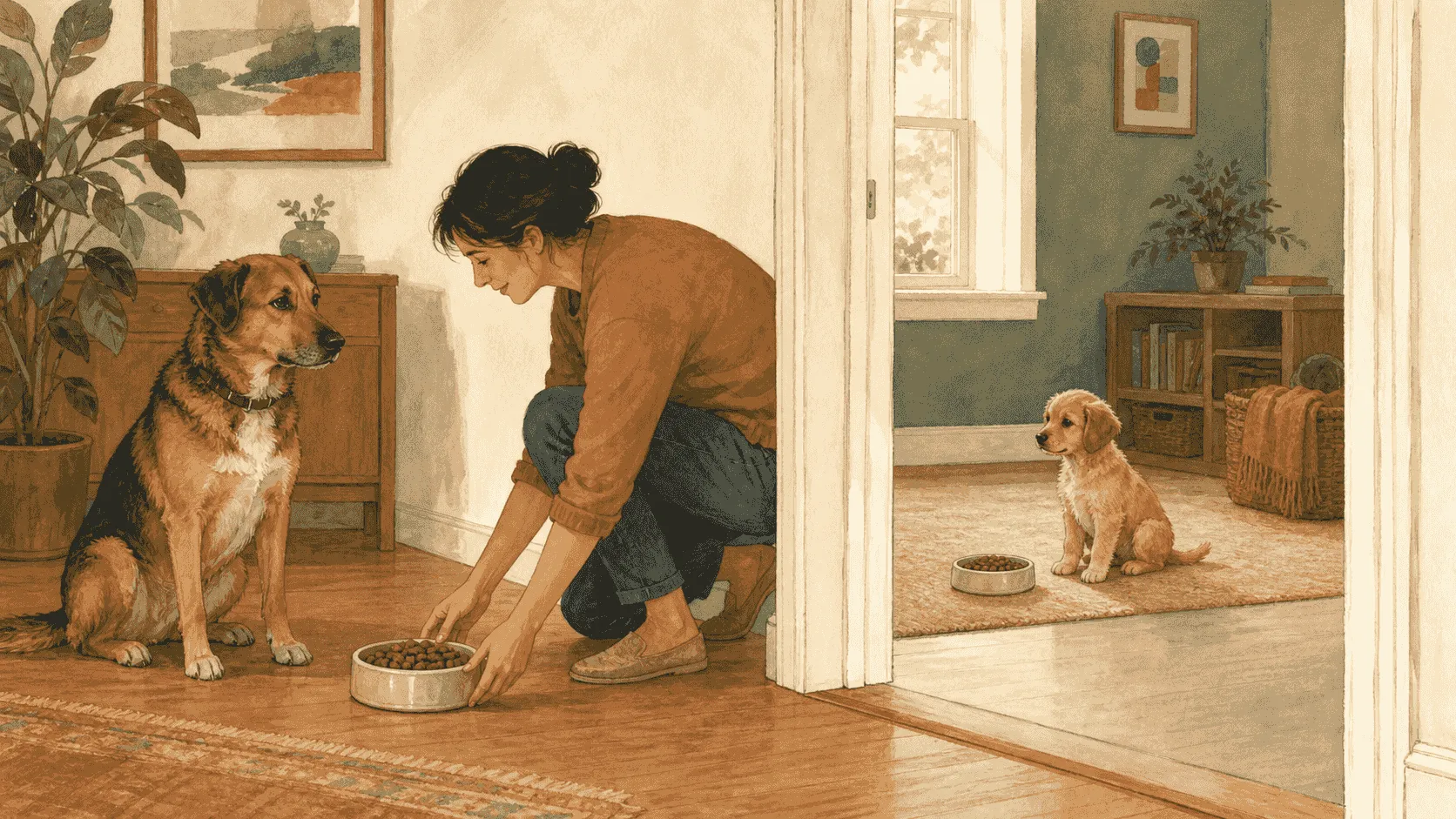 A caregiver sets an adult dog's bowl and a puppy's bowl in two calm feeding areas separated by a doorway.