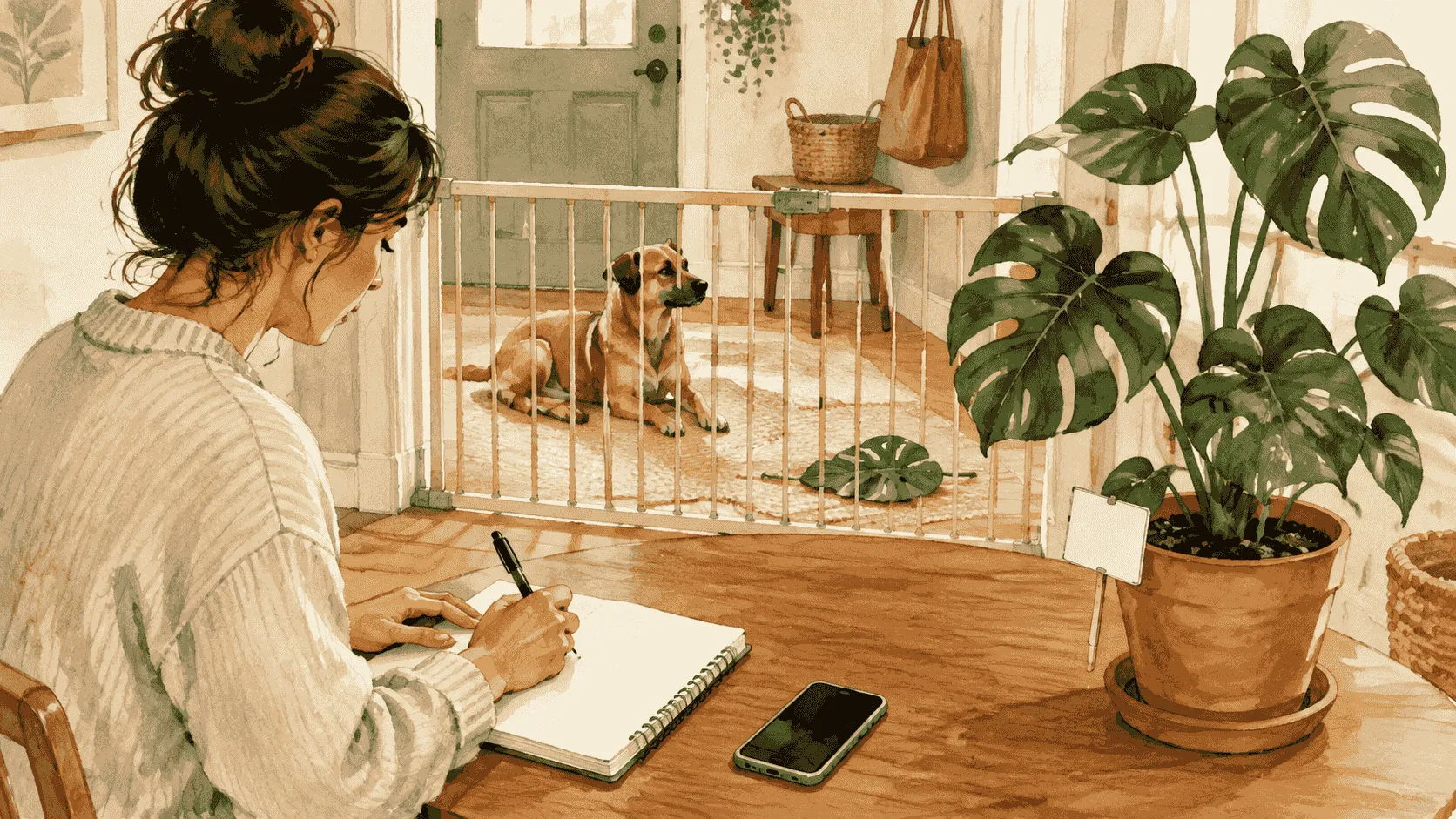 A dog waits behind a low gate while a caregiver writes down the possible plant exposure time beside a Monstera label.