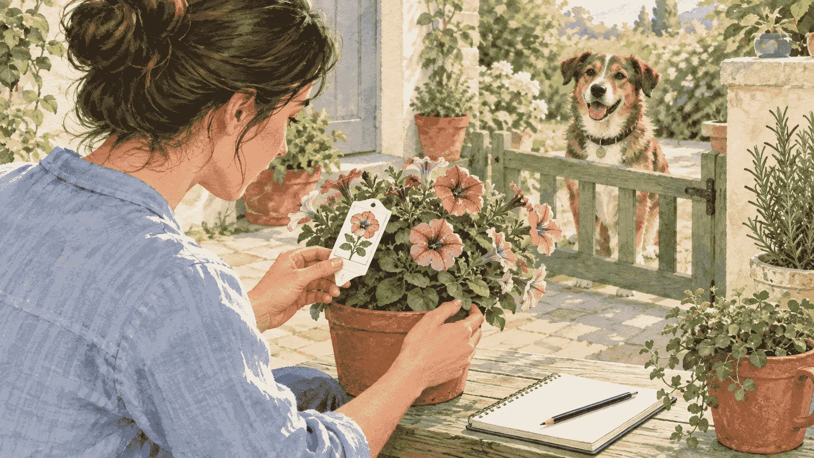 A caregiver compares a petunia plant label with a short exposure note while a dog waits behind a low gate.