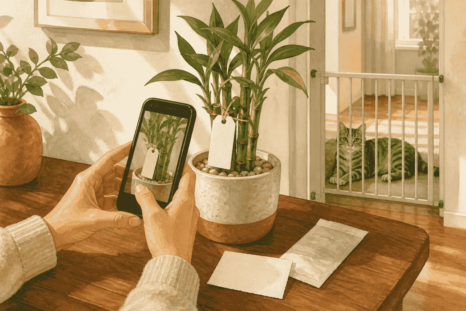 A caregiver photographs a potted lucky bamboo and its blank nursery tag while a gray cat rests behind a low indoor gate.