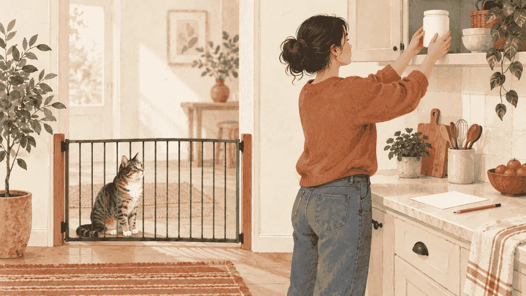 A caregiver photographs a plain baking-soda label and writes down the possible access time while a tabby cat waits safely behind a low gate.