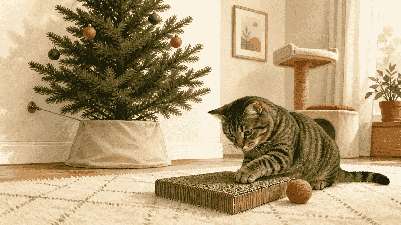 A tabby cat settles on a sturdy nearby perch with a simple toy while a Christmas tree is secured against the wall in the background.