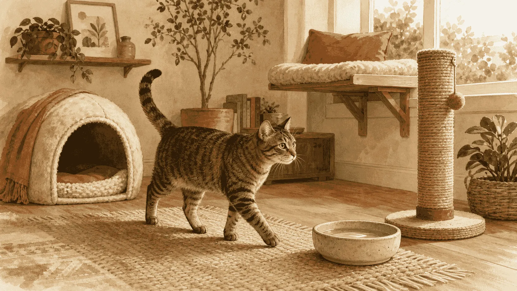 An adult tabby cat moves from a covered floor-level bed toward water and a scratching post while an elevated window perch remains available nearby.