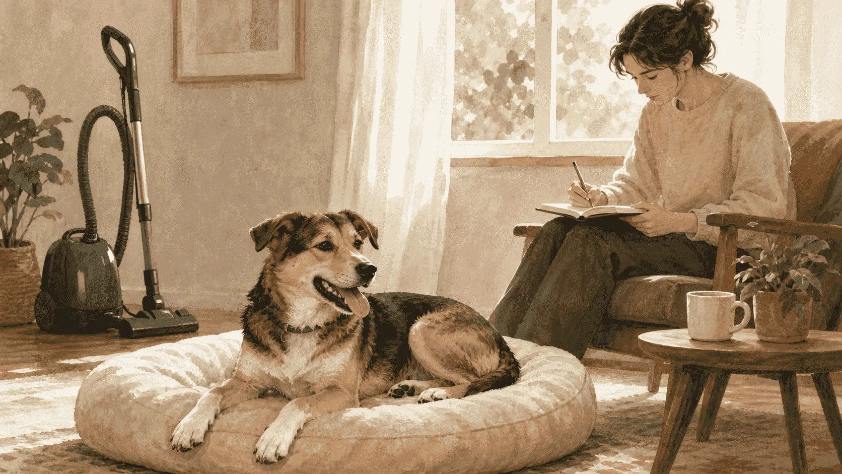 A caregiver writes a short observation note while a dog rests in a cool, quiet room away from a switched-off vacuum.